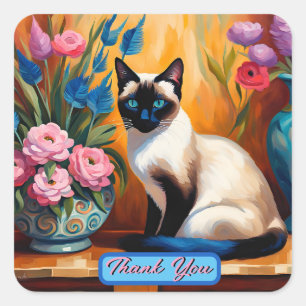 Siamese kat en boeketten in vazen dank u vierkante sticker