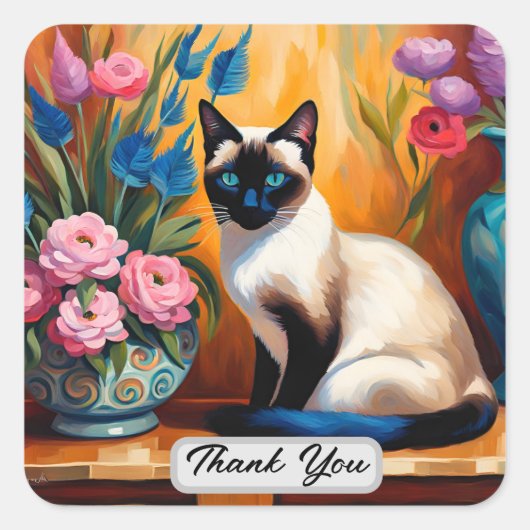 Siamese kat en boeketten in vazen dank u vierkante sticker (Voorkant)