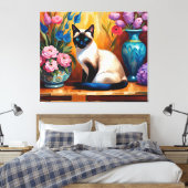 Siamese kat en boeketten in vazen waterverf canvas afdruk (Insitu (Slaapkamer))