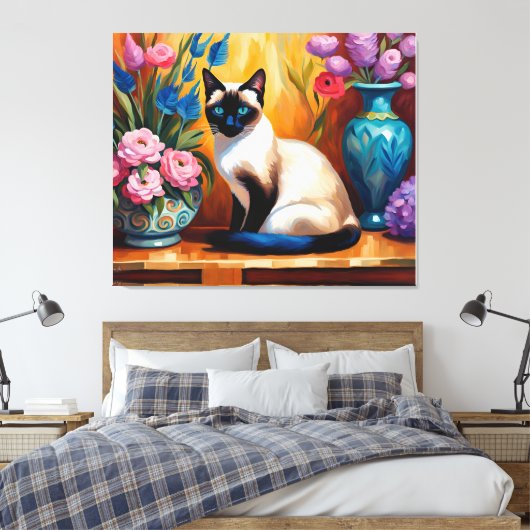 Siamese kat en boeketten in vazen waterverf canvas afdruk (Insitu (Slaapkamer))