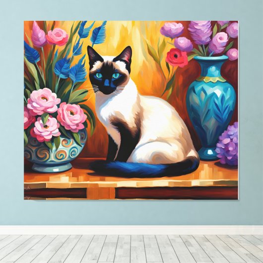 Siamese kat en boeketten in vazen waterverf canvas afdruk (Insitu (Houten vloer))