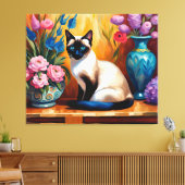 Siamese kat en boeketten in vazen waterverf canvas afdruk (Insitu (Woonkamer))