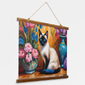 Siamese kat en boeketten in vazen waterverf hangend wandkleed (Gebogen)