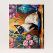Siamese kat en boeketten in vazen waterverf legpuzzel (Verticaal)