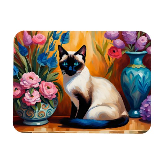 Siamese kat en boeketten in vazen waterverf magneet (Horizontaal)