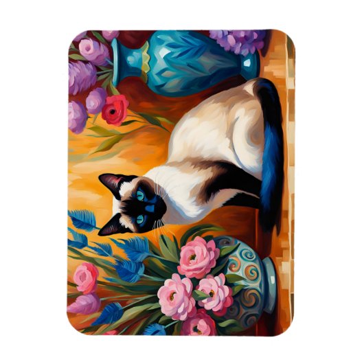 Siamese kat en boeketten in vazen waterverf magneet (Verticaal)