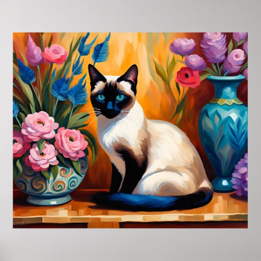 Siamese kat en boeketten in vazen waterverf poster (Voorkant)