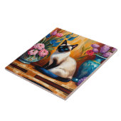 Siamese kat en boeketten in vazen waterverf tegeltje (Zijkant)