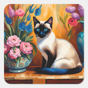 Siamese kat en boeketten in vazen waterverf vierkante sticker