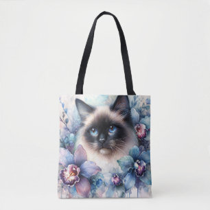 Siamese Kat en Orchideeën Waterverf Tote Bag