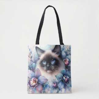 Siamese Kat en Orchideeën Waterverf Tote Bag