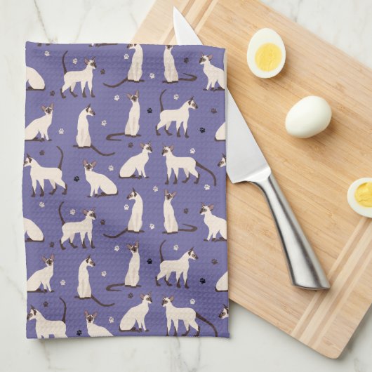Siamese kat en Paws Paarse keukenhanddoeken (Quarter Fold)