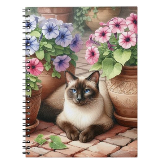 Siamese kat en Petunia bloemen Notitieboek (Voorkant)