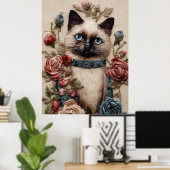 Siamese Kat en Rozen 3D Borduurwerk Kunst Poster (Thuiskantoor)