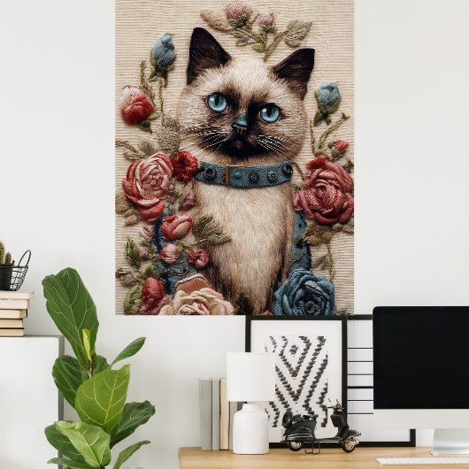 Siamese Kat en Rozen 3D Borduurwerk Kunst Poster (Thuiskantoor)