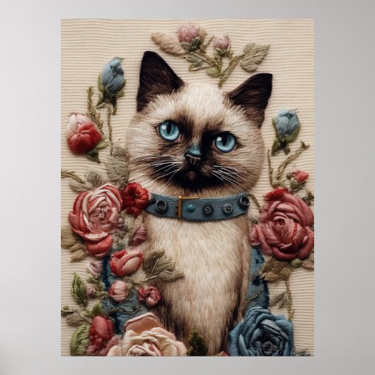 Siamese Kat en Rozen 3D Borduurwerk Kunst Poster (Voorkant)