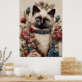 Siamese Kat en Rozen 3D Borduurwerk Kunst Poster (Keuken)