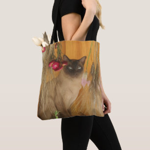 Siamese Kat Gedroogde Bloemen Foto Schilderij Tote Bag