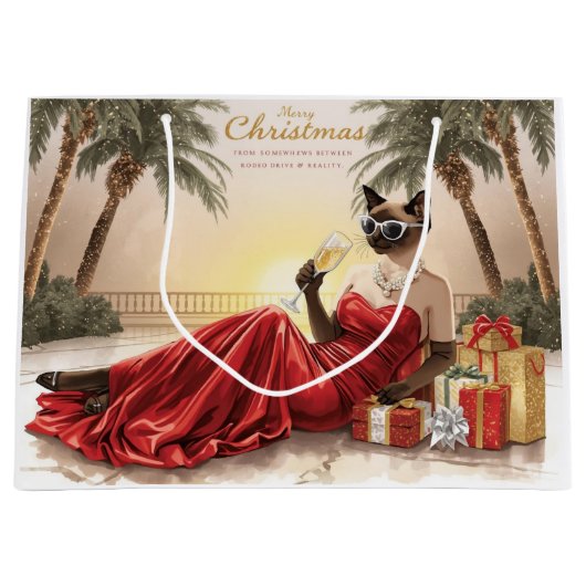 Siamese Kat Glam Kerstmis Champagne drinkend Groot Cadeauzakje (Voorkant)