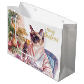 Siamese Kat Glam Kerstmis Champagne drinkend Groot Cadeauzakje (Voorkant Gekanteld)