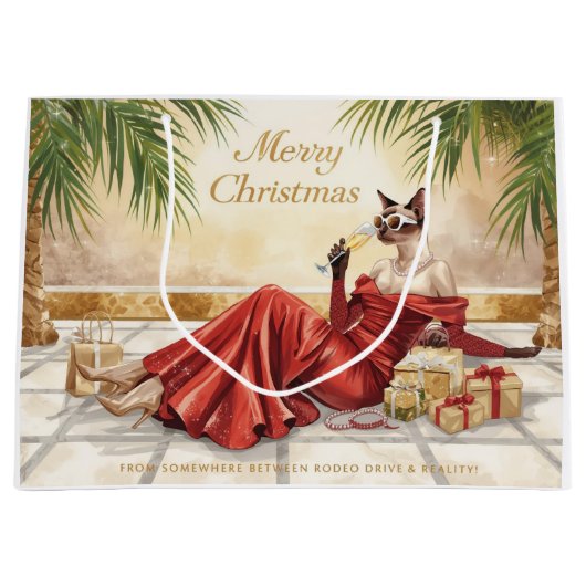 Siamese Kat Glam Kerstmis  Champagne drinkend  Groot Cadeauzakje (Voorkant)