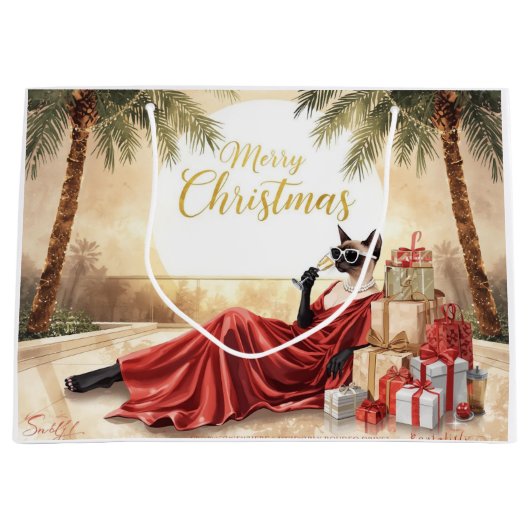 Siamese Kat Glam Kerstmis Champagne drinkend Groot Cadeauzakje (Voorkant)