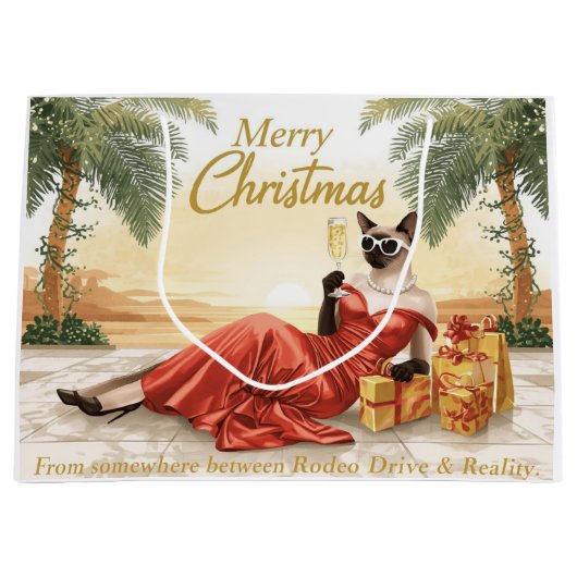Siamese Kat Glam Kerstmis Champagne drinkend Groot Cadeauzakje (Voorkant)