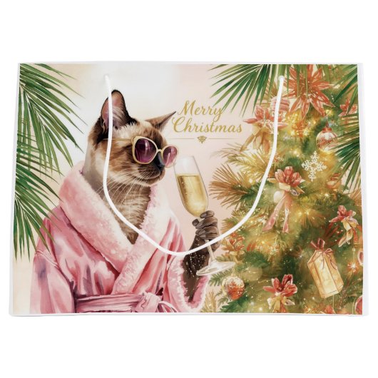 Siamese Kat Glam Kerstmis Champagne drinkend Groot Cadeauzakje (Voorkant)