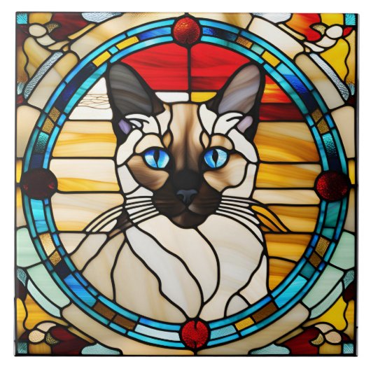 Siamese Kat Glas in lood Decoratieve Tegel Tegeltje (Voorkant)