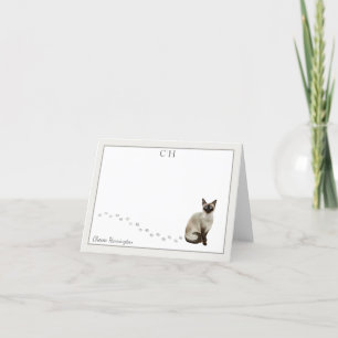 Siamese Kat Gray Border Monogram Naam gevouwen Bedankkaart