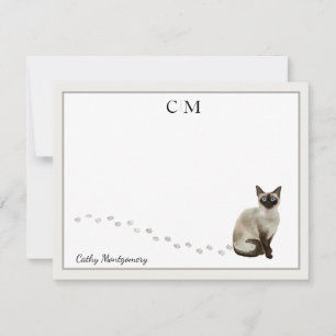 Siamese Kat Gray Border Monogram Naam Notitiekaartje