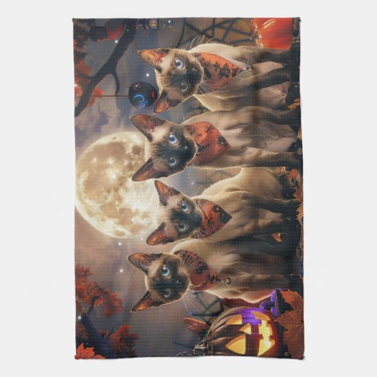 Siamese kat Halloween Spooky Theedoek (Verticaal)