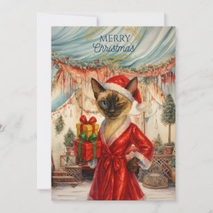 Siamese kat houdt kerstcadeaus vast feestdagenkaart