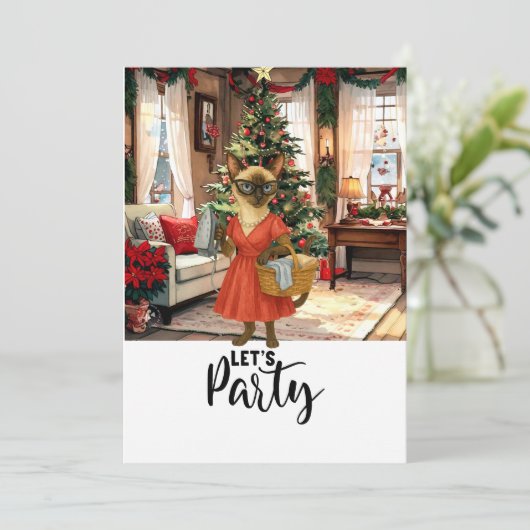 Siamese kat Huisvrouw Kerstmis Let's Party Kaart (Staand voorkant)