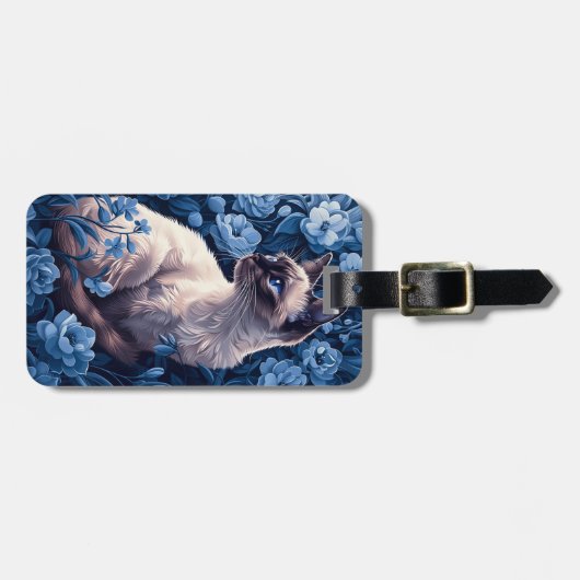 Siamese kat in blauwe bloemen bagagelabel (Voorkant horizontaal)