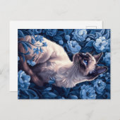 Siamese kat in blauwe bloemen briefkaart (Voorkant / Achterkant)