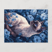 Siamese kat in blauwe bloemen briefkaart (Voorkant)
