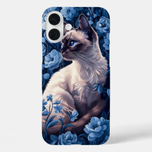 Siamese kat in blauwe bloemen iPhone 16 plus hoesje