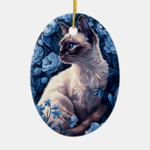 Siamese kat in blauwe bloemen keramisch ornament
