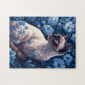Siamese kat in blauwe bloemen legpuzzel (Horizontaal)