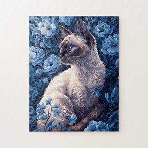 Siamese kat in blauwe bloemen legpuzzel