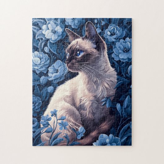 Siamese kat in blauwe bloemen legpuzzel (Verticaal)