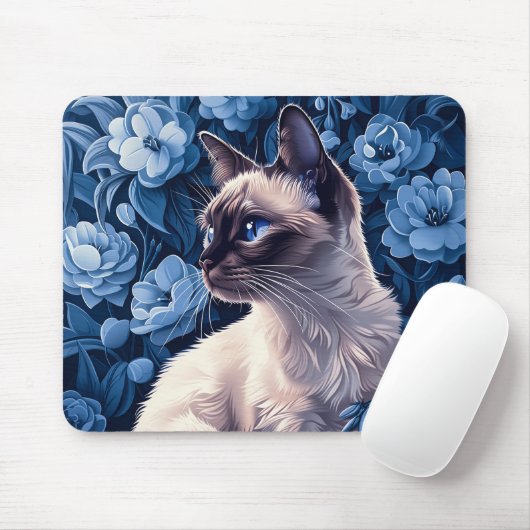 Siamese kat in blauwe bloemen muismat (Met muis)