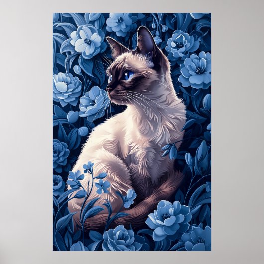 Siamese kat in blauwe bloemen poster (Voorkant)