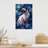 Siamese kat in blauwe bloemen poster (Keuken)