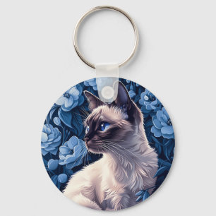 Siamese kat in blauwe bloemen sleutelhanger