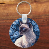 Siamese kat in blauwe bloemen sleutelhanger (Voorkant)