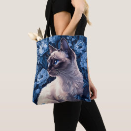 Siamese kat in blauwe bloemen tote bag