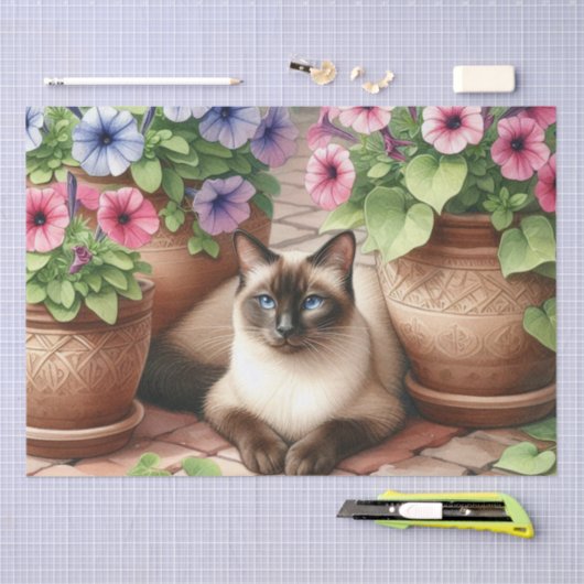 Siamese kat in de tuin met kleipotten Tissue Paper Tissuepapier (Craft)