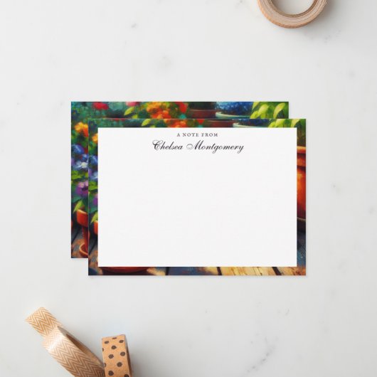 Siamese Kat in de Tuin Olieverfschilderij Aangepas Notitiekaartje (Voorkant / Achterkant in situ)